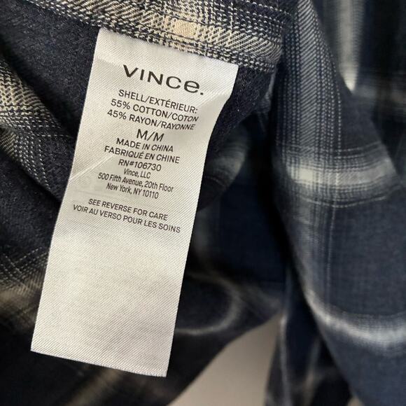 VINCE Navy Plaid Classic Fit Button Down Long Sleeve preppy cotton rayon Size M - Picture 10 of 14